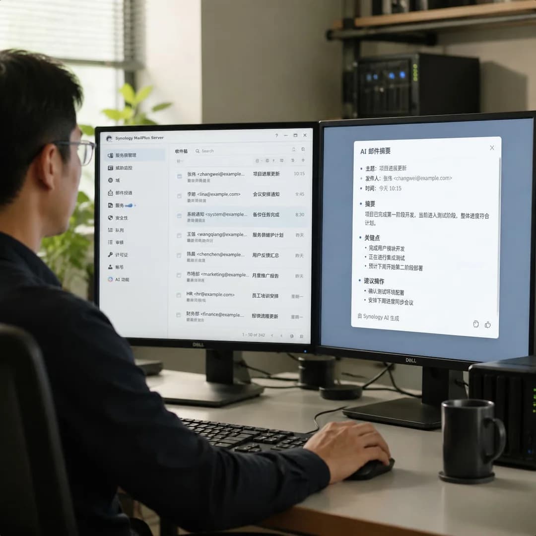 IT管理员在双屏工作台使用群晖MailPlus,屏幕上显示AI邮件摘要弹窗