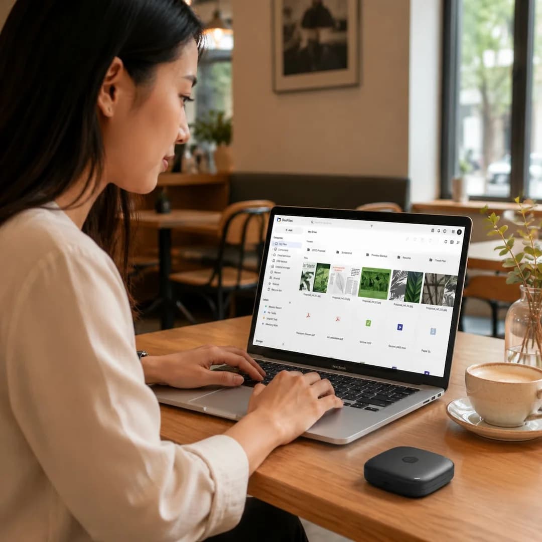 亚洲女性在咖啡厅用MacBook通过BeeDrive语义搜索查找照片,桌旁放有银色便携SSD