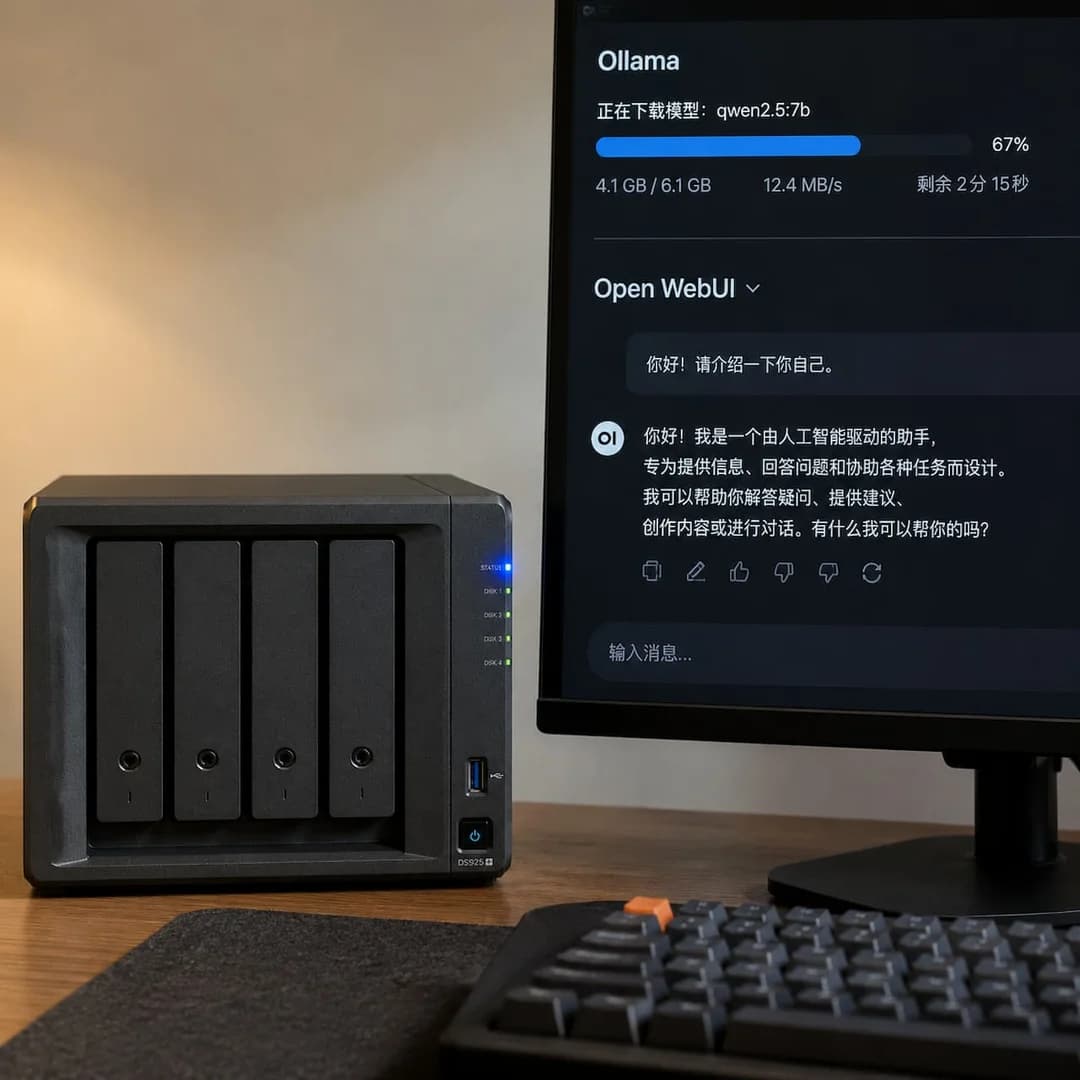 群晖NAS设备蓝色指示灯亮起,旁边显示器显示Ollama模型下载进度和Open WebUI中文对话界面