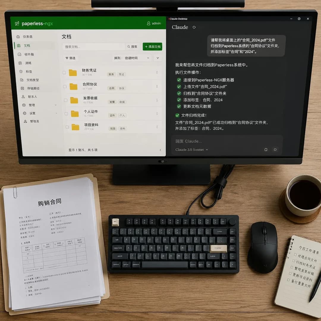 俯视桌面:纸质文件、键盘与显示器,屏幕分屏显示Paperless文档归档界面和Claude AI文件操作对话
