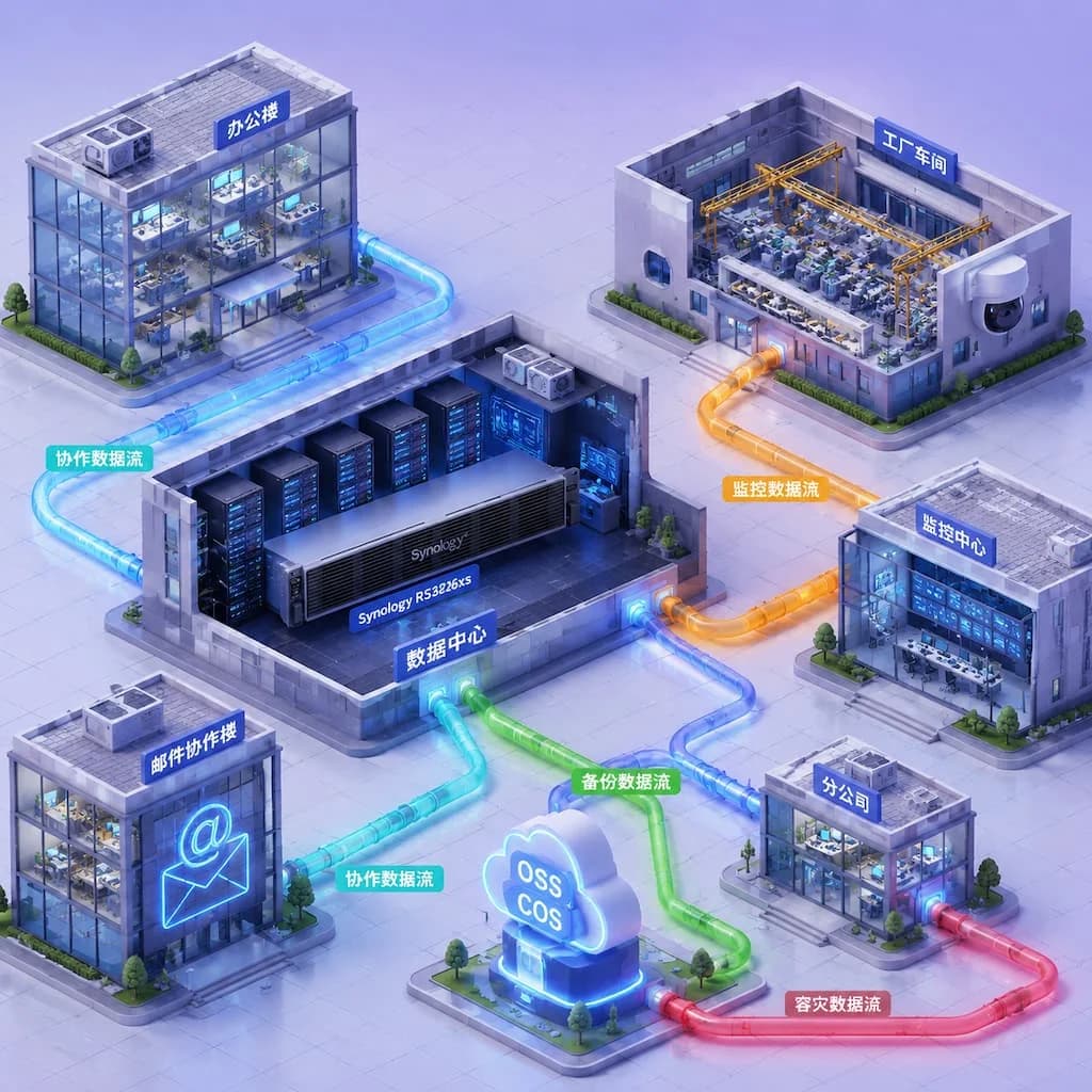 等距立体微缩企业数字园区俯视图,中央剖面机房露出群晖 2U 机架 NAS,周围 isometric 风格建筑分别代表办公楼、工厂车间、监控中心、分公司、邮件协作楼,数据以光蓝色管道流而非辐射线连接各建筑,科技插画风