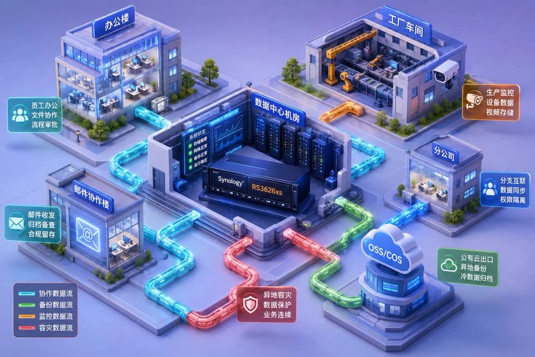 等距立体微缩企业数字园区俯视图,中央剖面机房露出群晖 2U 机架 NAS,周围 isometric 风格建筑分别代表办公楼、工厂车间、监控中心、分公司、邮件协作楼,数据以光蓝色管道流而非辐射线连接各建筑,科技插画风