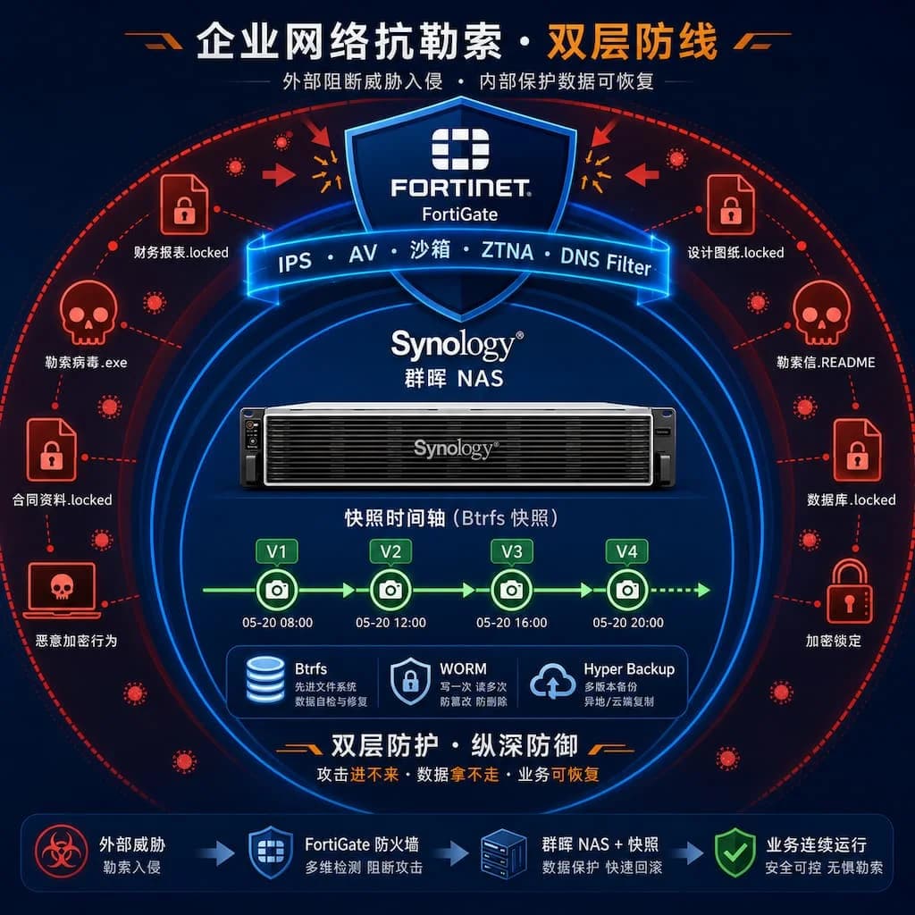 企业网络抗勒索双层防线示意,外圈红色勒索病毒符号被飞塔防火墙盾牌拦截,内圈群晖 NAS 设备配置快照时间轴,整体扁平科技风格