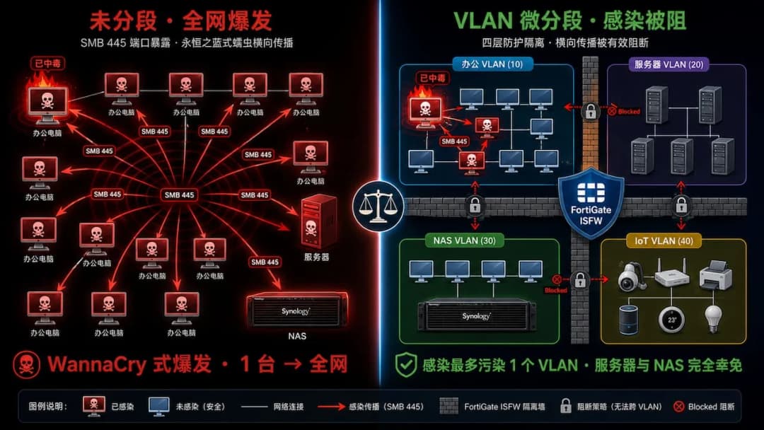 SMB 横向传播阻断对比图:左侧未分段网络中一台中毒电脑通过 SMB 445 端口经永恒之蓝式蠕虫感染整个局域网,右侧 VLAN 微分段后感染被砖墙阻挡在单个 VLAN 内