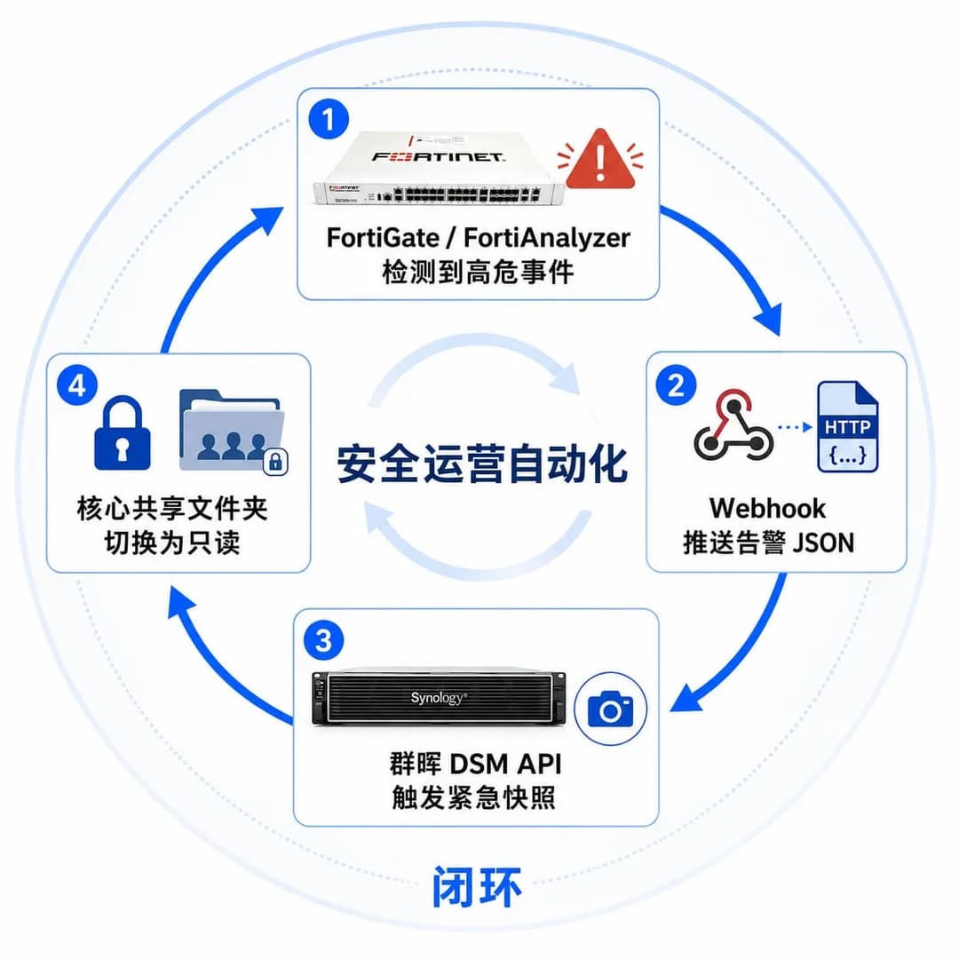 FortiGate 与群晖 NAS 协同闭环工作流,四步循环:FortiAnalyzer 检测高危事件→Webhook 触发→DSM API 启动紧急快照→共享切换只读,箭头连成圆环
