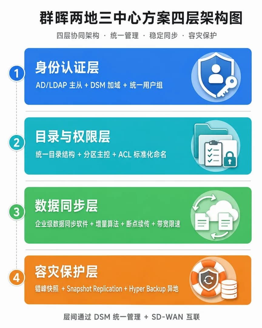 群晖两地三中心方案四层架构图,从上到下分别为身份认证层(AD/LDAP 主从)、目录与权限层(统一目录 + 分区主控)、数据同步层(企业级同步软件 + 断点续传)、容灾保护层(错峰快照 + Hyper Backup 异地备份)