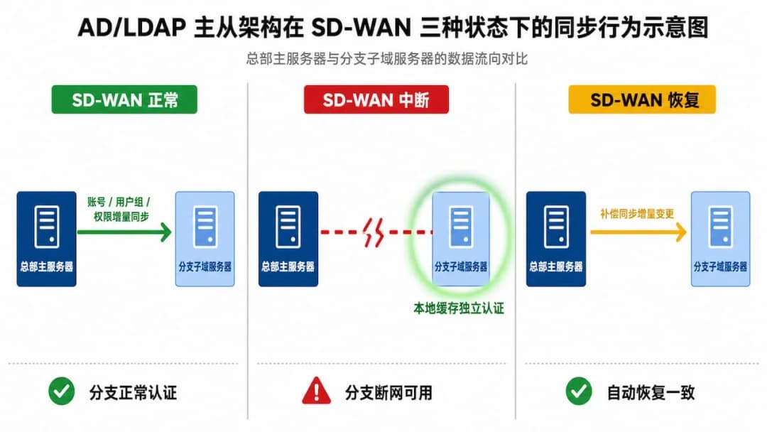 AD/LDAP 主从架构在 SD-WAN 正常、中断、恢复三种网络状态下的同步行为示意图,三栏对比布局分别展示总部主服务器与分支子域服务器的数据流向