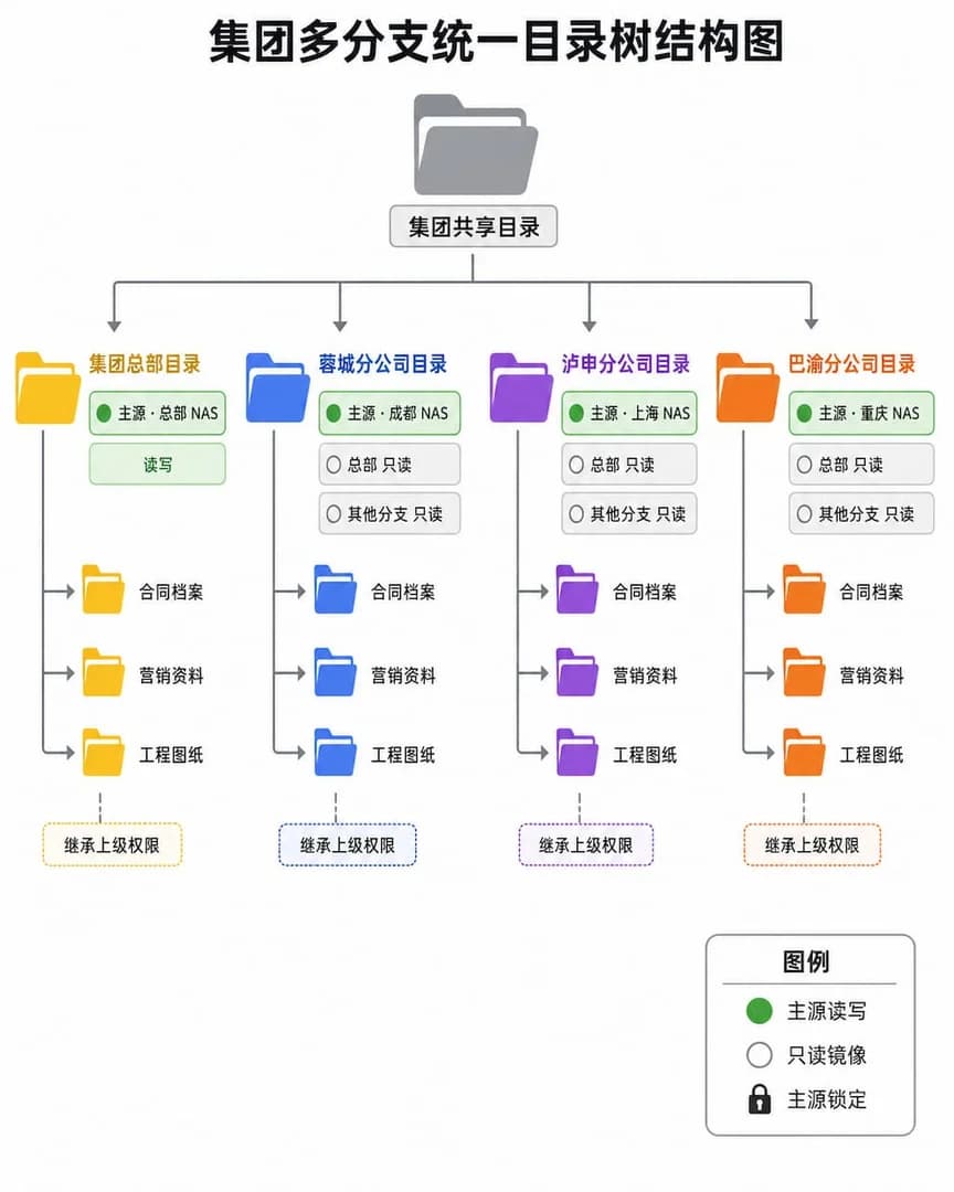 集团多分支统一目录树结构图,根目录"集团共享目录"向下展开四个分支目录,每个子目录右侧标注主源 NAS 来源地及只读/读写权限色块