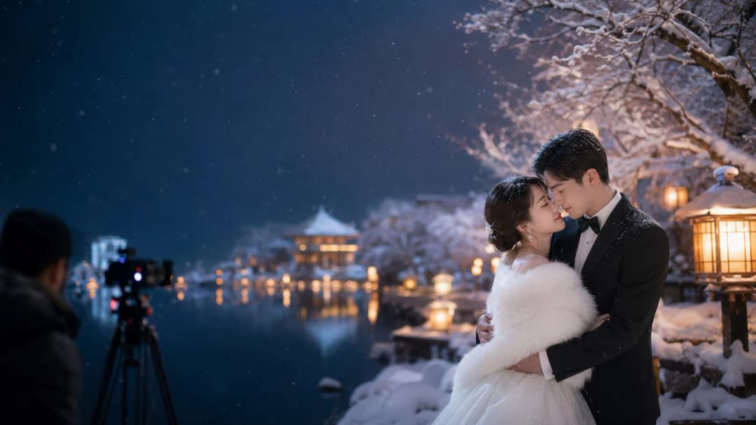 深夜日本庭院樱花雪景婚纱外景拍摄场景,含摄影设备与新人主角