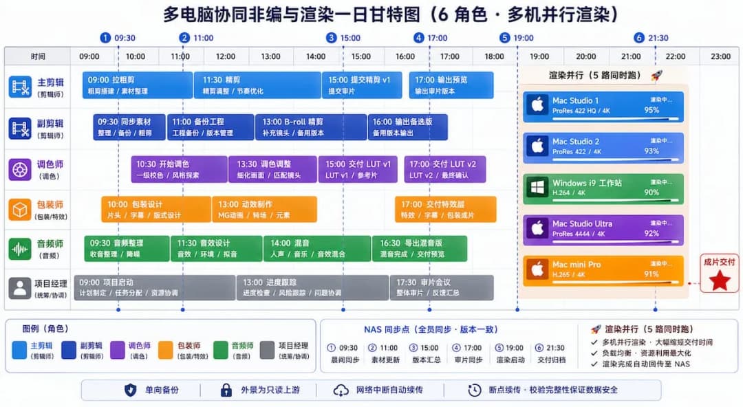 多电脑协同非编与渲染一日甘特图,6 个角色色块在时间轴并行排布,19 点后多机并行渲染色块平行叠加,NAS 同步点用竖线标注