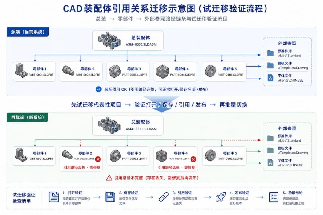 CAD装配体引用关系迁移示意图,总装→零部件→外部参照路径链条与试迁移验证流程