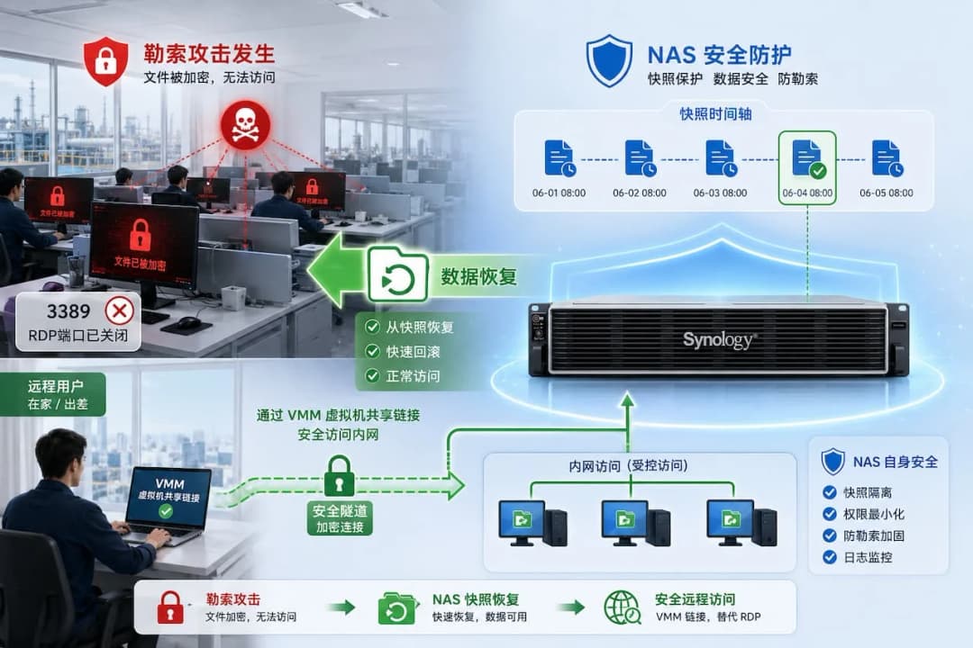 群晖NAS快照防勒索封面图,左侧电脑被勒索加密,右侧NAS通过快照恢复文件并保持自身安全,远程用户通过VMM共享链接安全接入内网