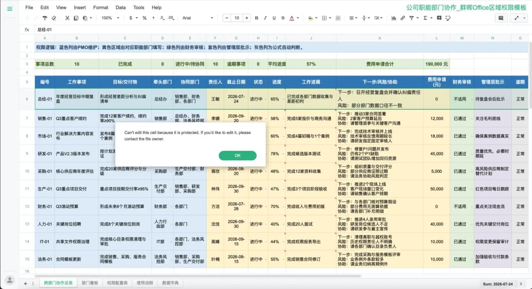 Synology Office电子表格保护区报错提示,无权限用户编辑受保护单元格时弹出警告