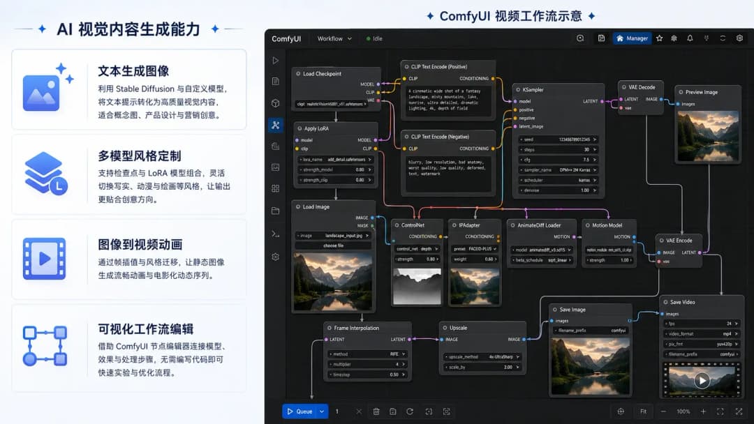 ComfyUI AI视觉生成与视频工作流示意图,左侧展示四项能力,右侧展示真实节点编排界面