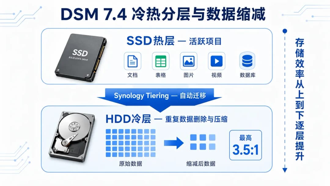 DSM 7.4冷热分层与数据缩减组合数据流图,SSD热层到HDD冷层的迁移路径与缩减效果