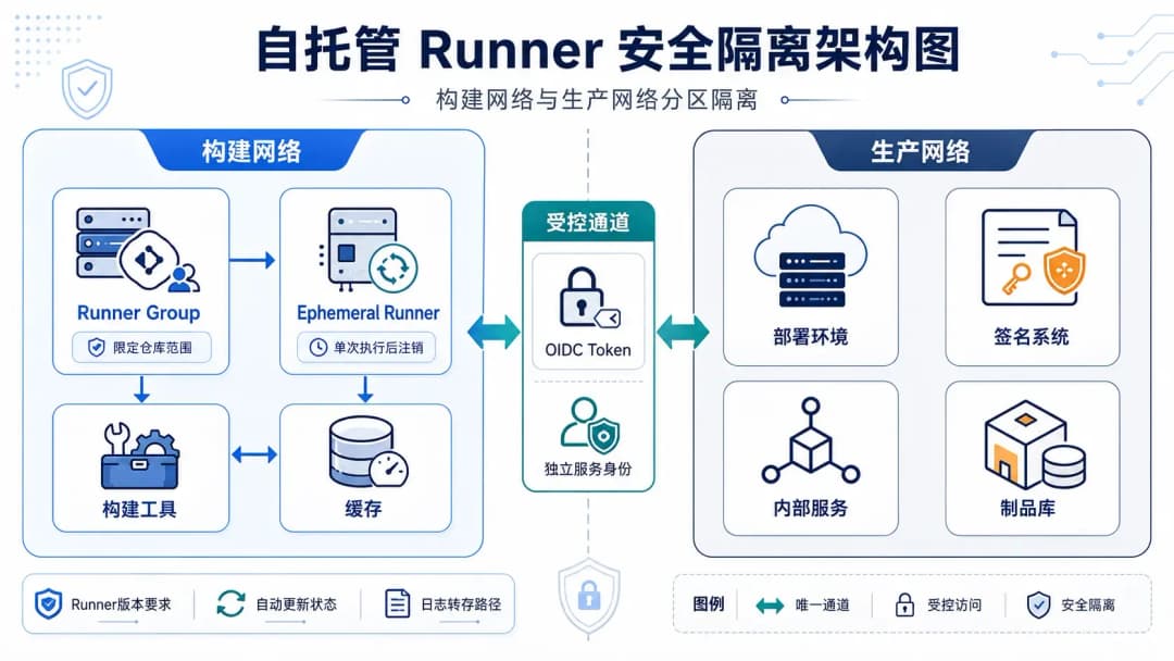 自托管Runner安全隔离架构图,构建网络与生产网络分区,Runner Group限定仓库访问范围,Ephemeral Runner单次执行后注销