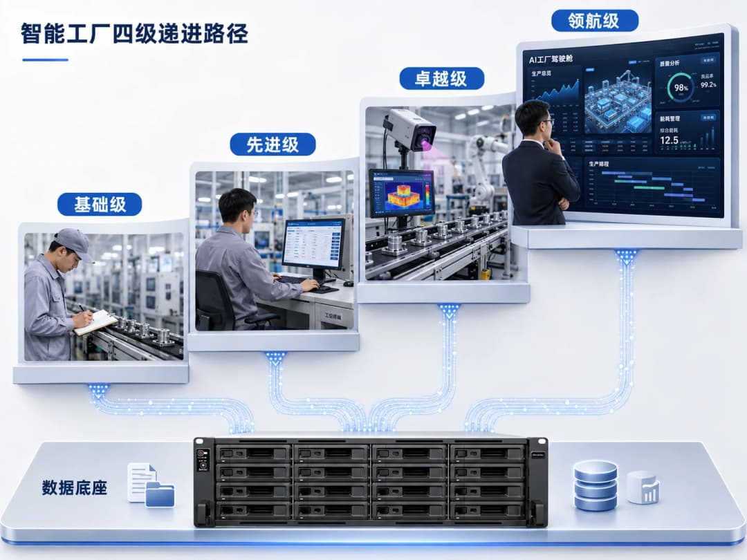 智能工厂四级递进阶梯式路径示意图,从左下基础级到右上领航级逐级攀升,展示人工记录、计算机录入、红外智能识别和AI驾驶舱管理,底部为RS6426xs+数据底座
