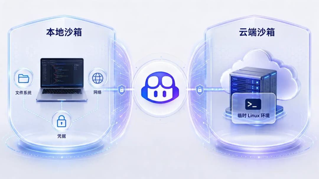 GitHub Copilot沙箱隔离概念图,左侧笔记本电脑代表本地沙箱,右侧云端服务器代表云端沙箱,中间GitHub Copilot图标向两侧延伸隔离屏障