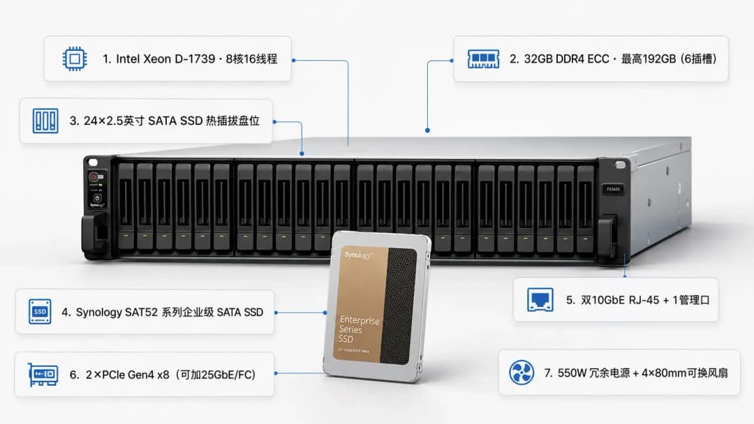 Synology FS3420 设备外观与 SAT52 系列企业级 SATA SSD 及关键硬件规格标注