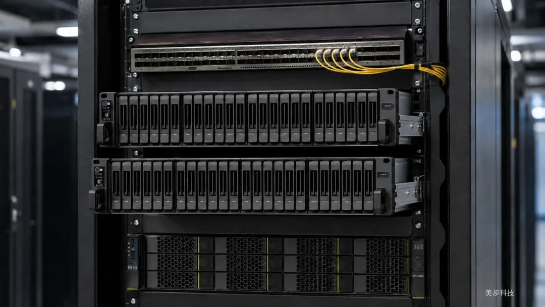 标准企业机房机柜中的两台 Synology FS3420 存储设备,上下并排安装并轻微拉出滑轨,周围为标准服务器与网络交换设备