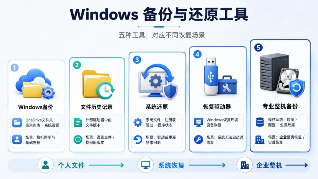 Windows备份和还原工具保护范围概览,Windows备份、文件历史记录、系统还原、恢复驱动器和企业整机备份五种工具对应不同恢复场景