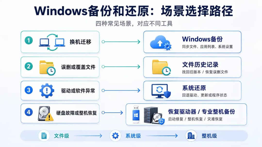Windows备份和还原场景选择路径,换机、误删文件、系统异常和硬盘故障四种场景分别指向对应工具