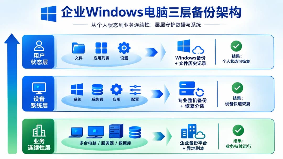 企业Windows电脑三层备份架构,用户状态、设备系统和业务连续性三层分别使用不同工具和验收标准