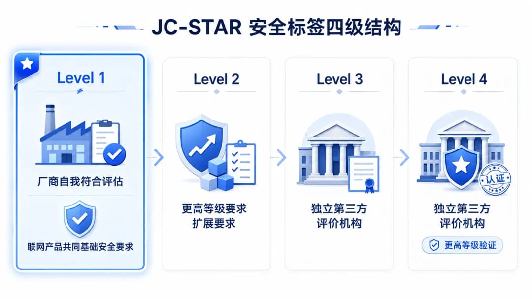JC-STAR安全标签四级结构对照图,Level 1至Level 4从左到右排列,Level 1高亮标注厂商自我符合评估