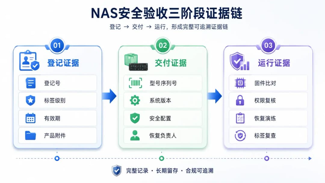 NAS安全验收三阶段证据链信息图,从左到右依次为登记证据、交付证据、运行证据,每个阶段列出核心记录项目