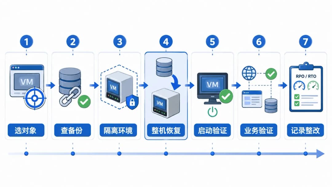 虚拟机备份恢复测试7步操作流程图