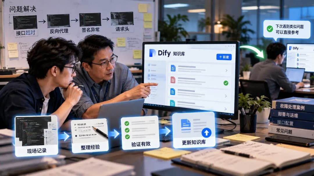 工程师复盘已解决的接口故障并把验证后的经验更新到Dify知识库的示意图