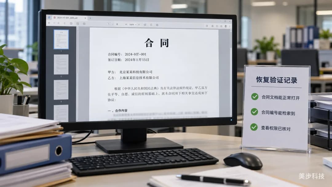 办公显示器打开一份中文合同 PDF,旁边的恢复验证记录列出合同打开、编号检索和权限核对三项检查。