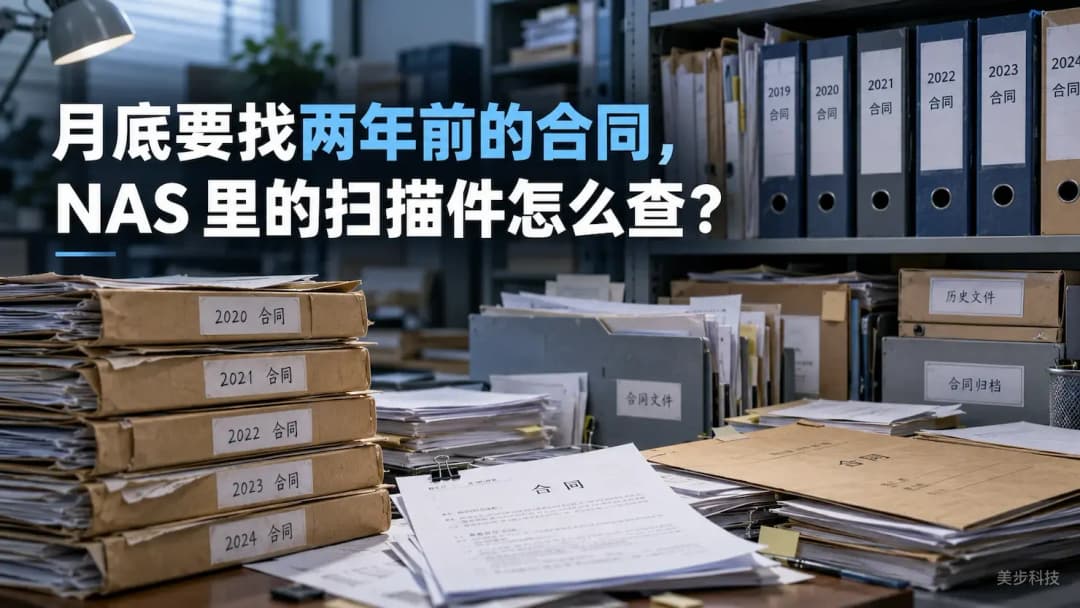 办公档案架和桌面上堆放着不同年份的合同文件夹与纸质合同,左侧展示月底查找两年前合同的标题。