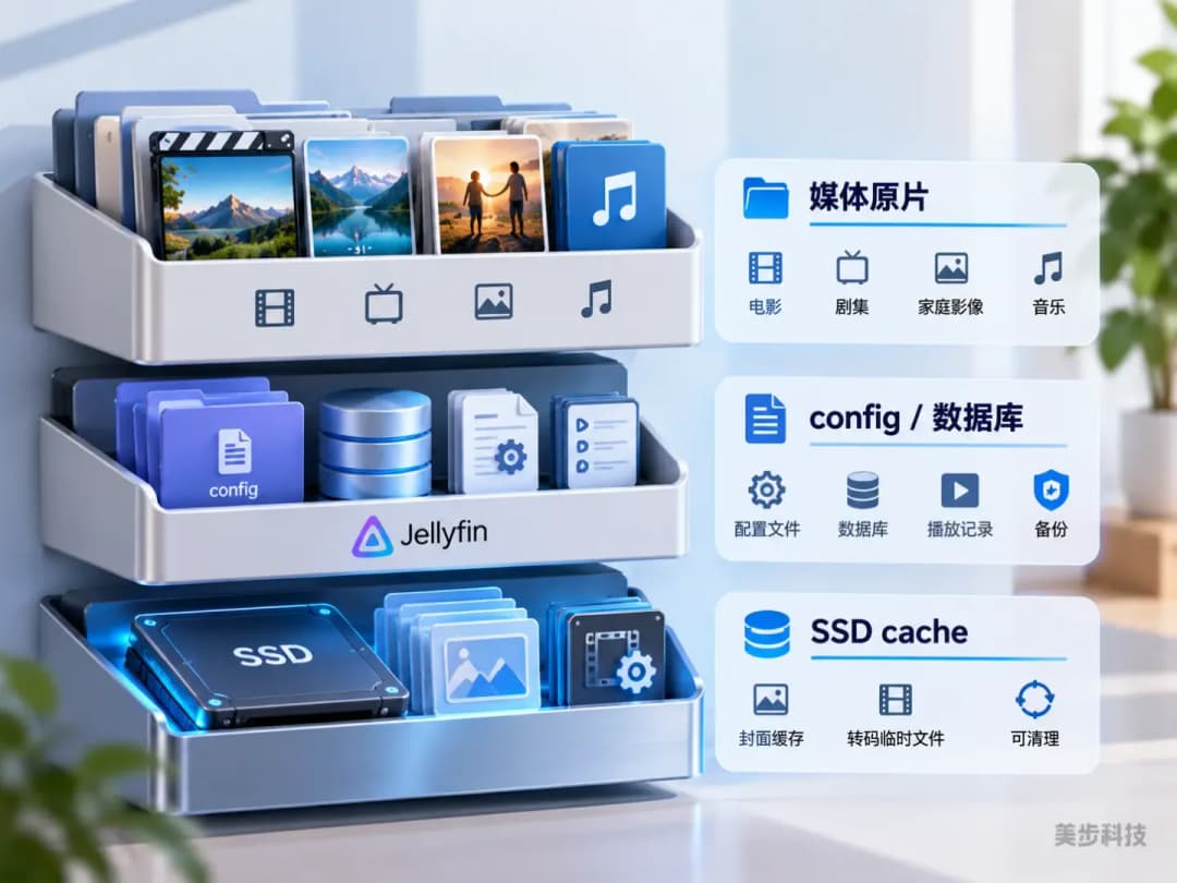 Jellyfin媒体原片、config数据库与SSD缓存三层存储分工示意图,美步科技