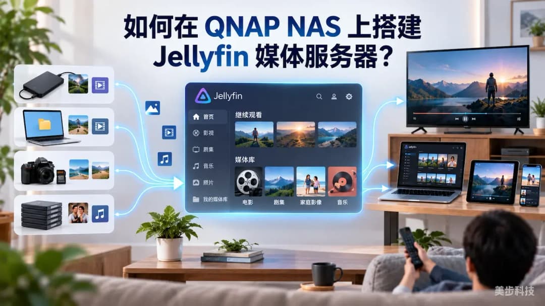 Jellyfin媒体服务器将分散的电影、剧集、家庭影像和音乐汇聚到统一媒体库,并向电视、电脑、平板和手机提供播放入口,美步科技