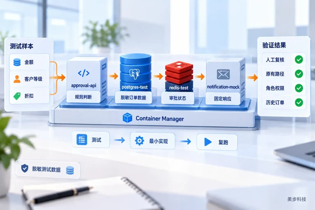 Container Manager订单审批测试链示意图,测试请求依次经过API、PostgreSQL、Redis和通知Mock并复跑验收样本,美步科技