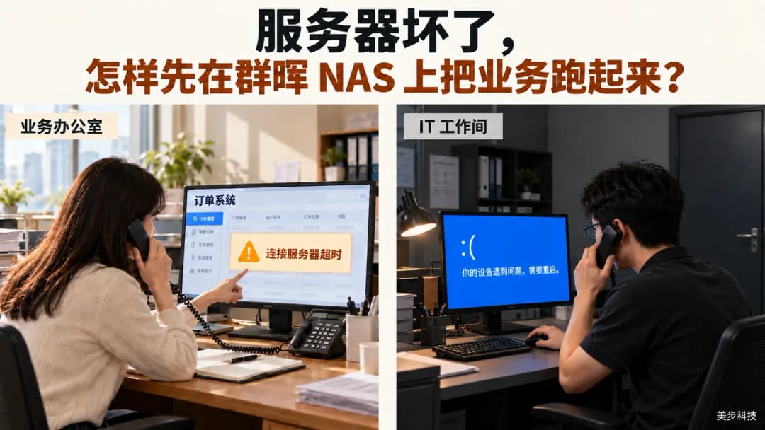 业务办公室人员面对订单超时提示电话求助,独立 IT 工作间人员接听电话排查蓝屏,两幅场景由竖向留白分隔