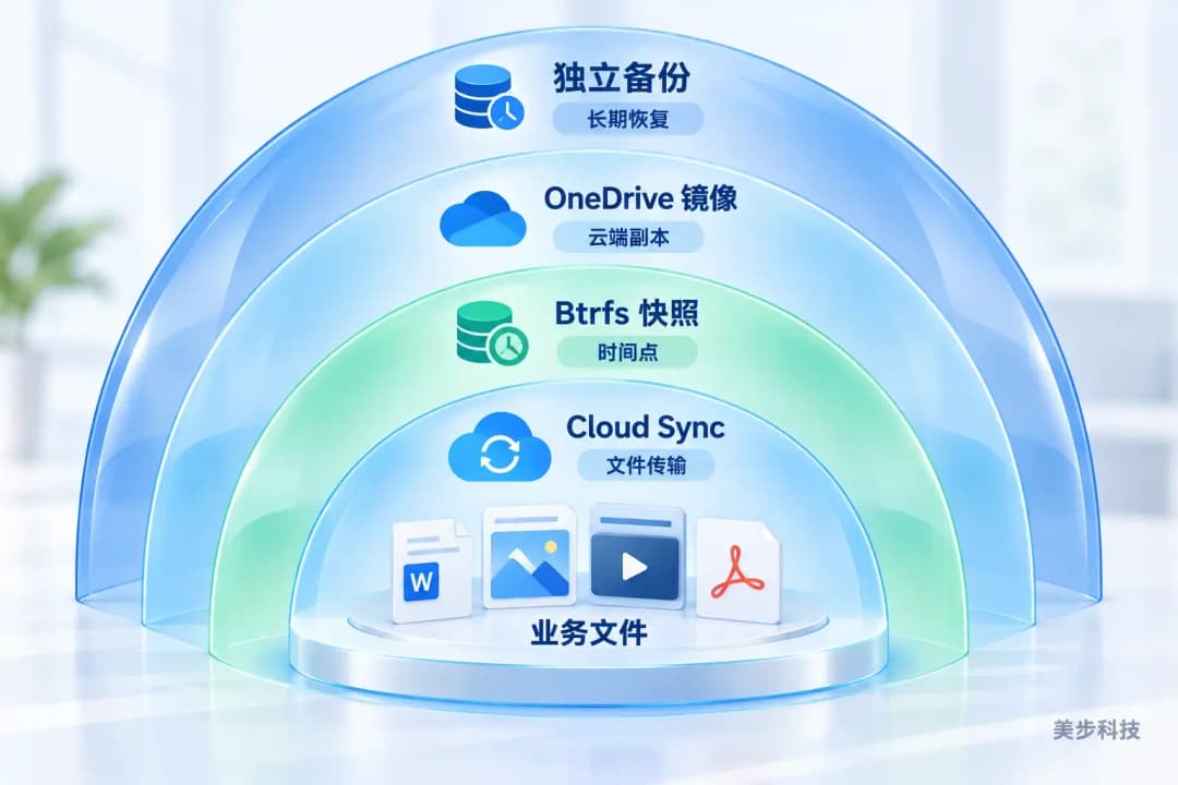 Cloud Sync、Btrfs快照、OneDrive镜像和独立备份组成四层跨境电商文件保护架构,美步科技
