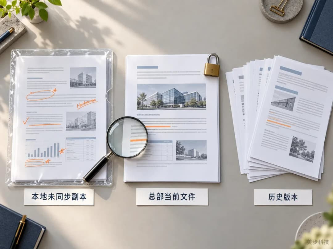 本地未同步副本、带锁的总部当前文件与历史版本并排放置以核对修改内容,美步科技