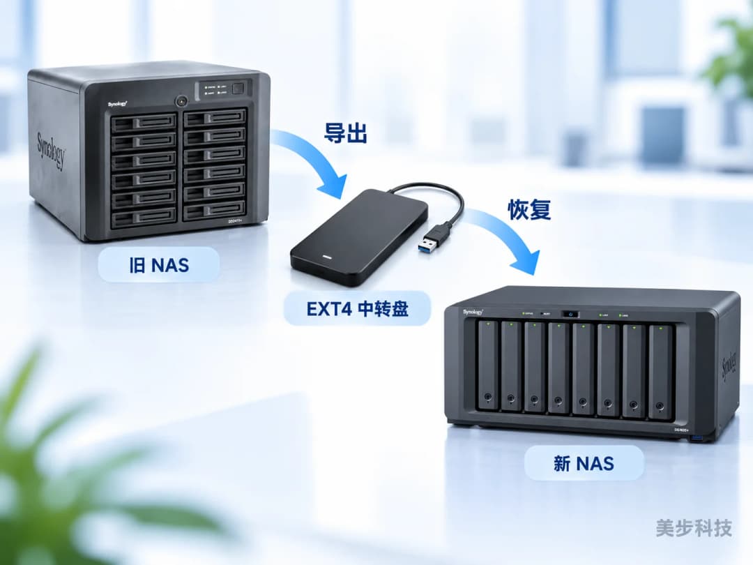 EXT4移动硬盘在Synology DS2411+与DS1825+之间完成NAS数据导出和恢复的离线中转示意图,美步科技