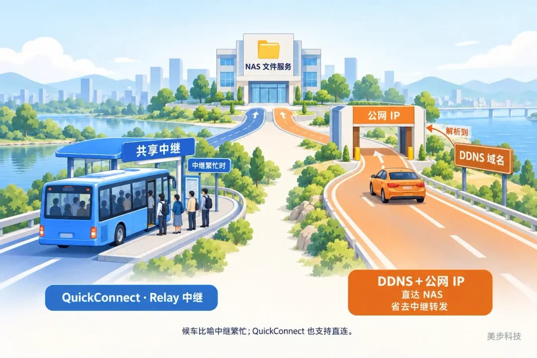 满载公交旁的候车队伍比喻 Relay 中继繁忙,私家车沿 DDNS 域名指向的公网 IP 入口直达 NAS 文件服务